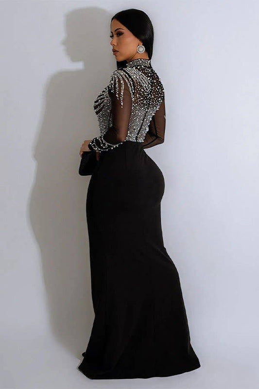 Solid Color Mesh Press Drill Split Long Dress