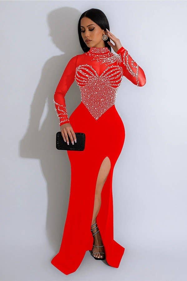 Solid Color Mesh Press Drill Split Long Dress