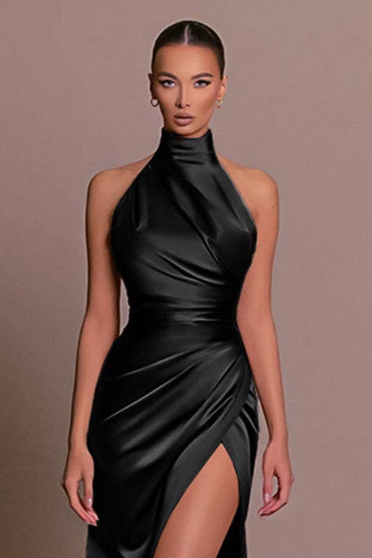 HALTER, SLEEVELESS, SLIT STAND COLLAR DRESS