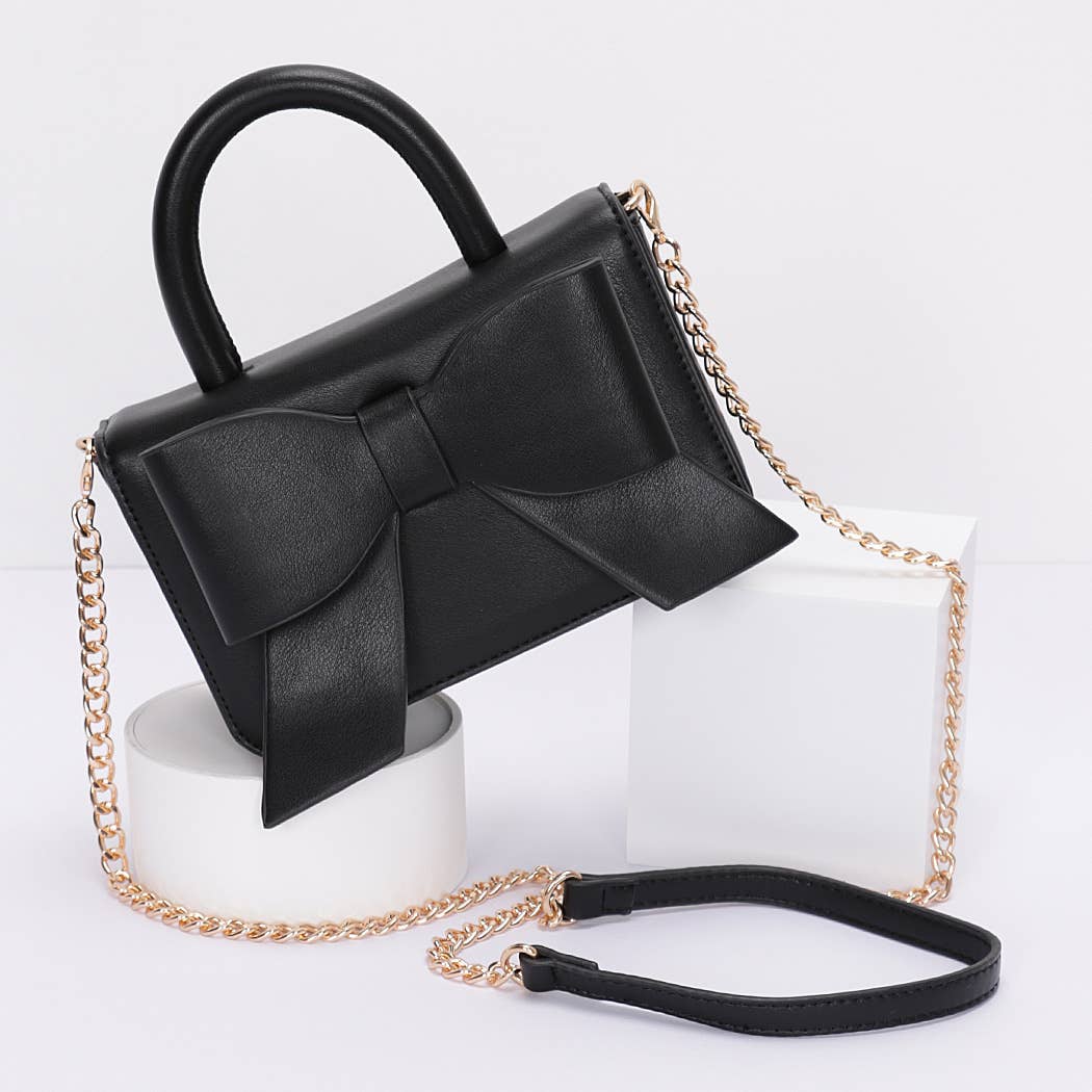 Faux Leather Ribbon Top Handle Bag