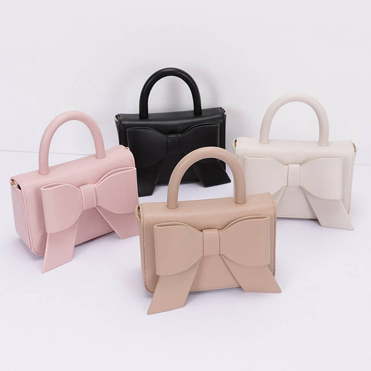 Faux Leather Ribbon Top Handle Bag