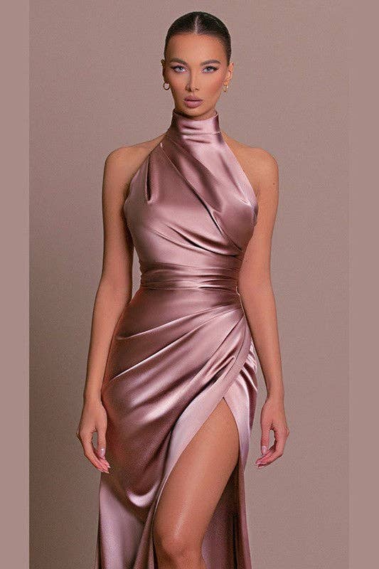 HALTER, SLEEVELESS, SLIT STAND COLLAR DRESS